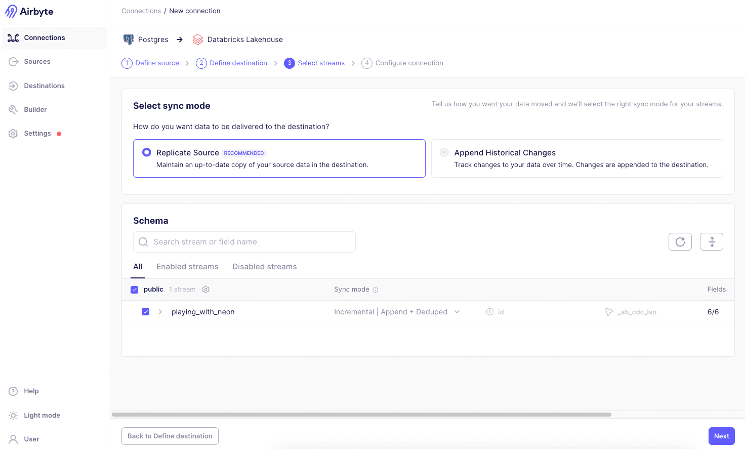 Airbyte Neon Databricks connection setup