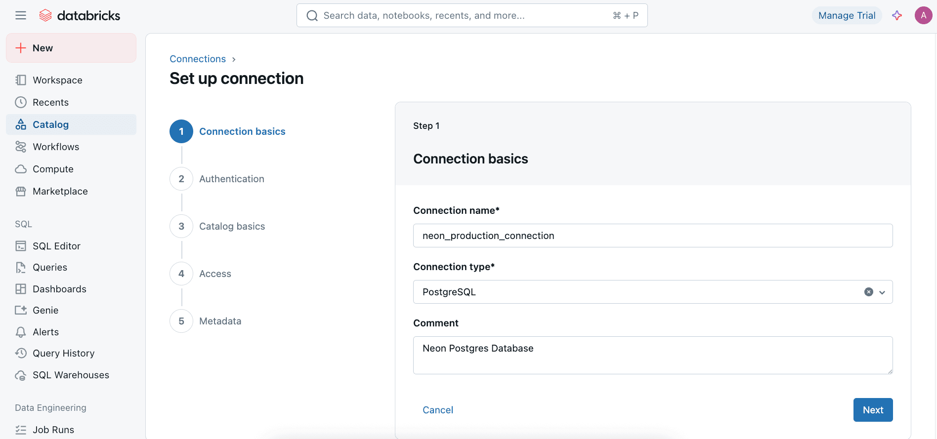 Databricks Catalog Explorer - Create Connection UI