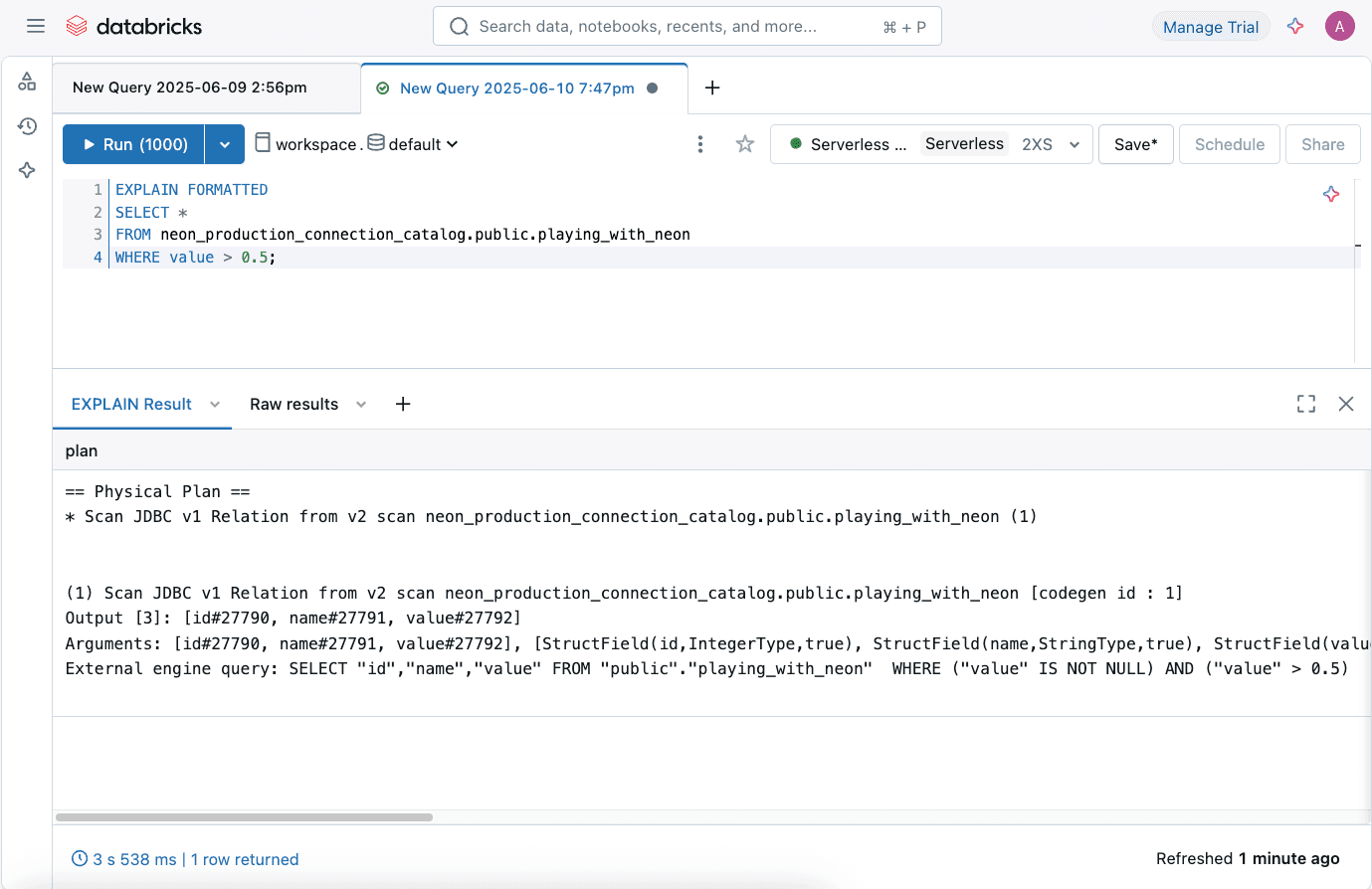 Databricks SQL Editor - Explain Formatted Query Example
