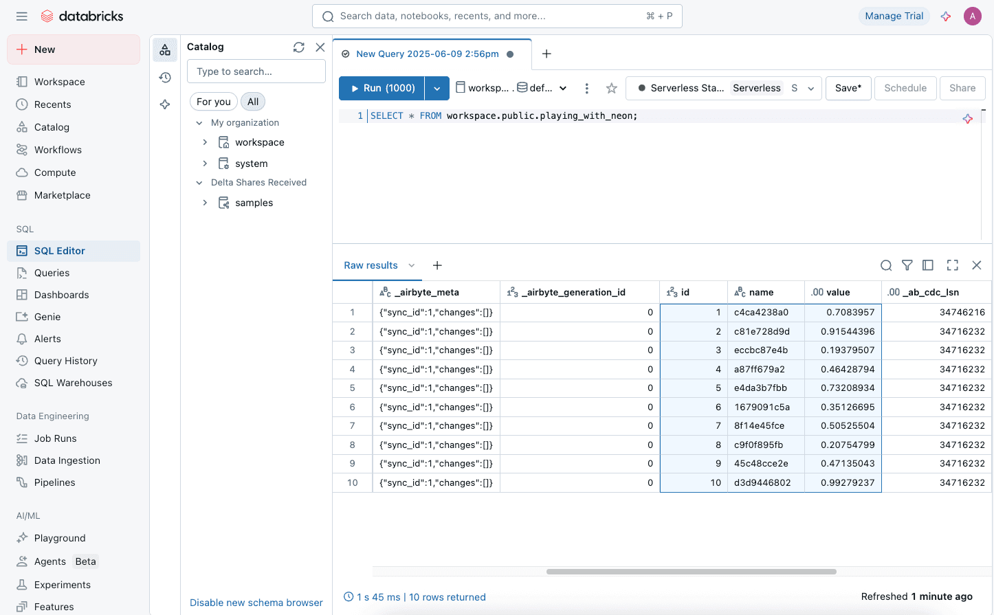 Databricks SQL Editor showing replicated data