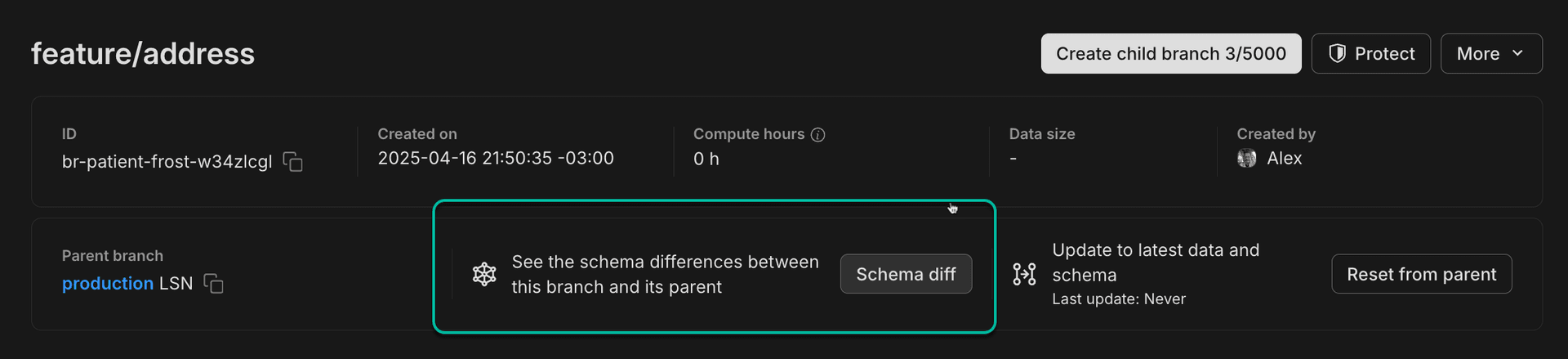 select branches for schema diff